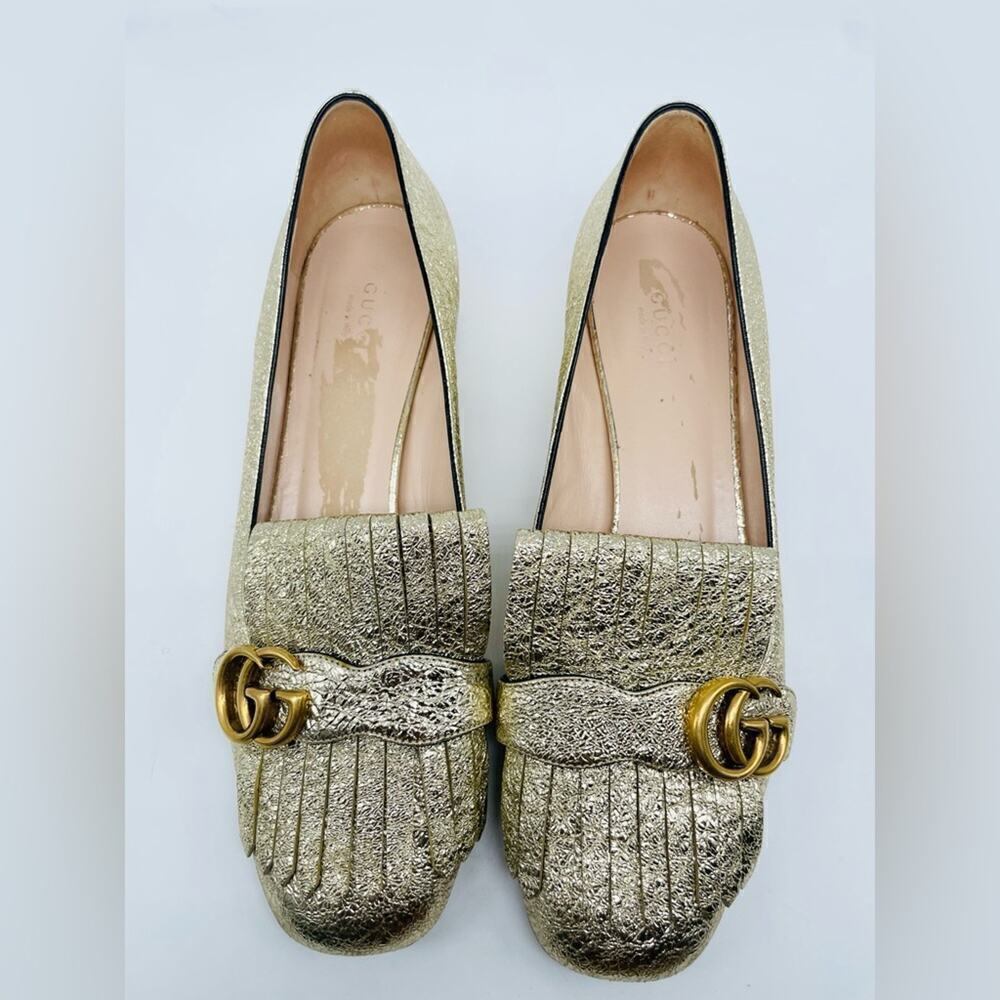 Gucci Gold Metallic leather GG fringe Marmont 30mm Heeled Loafer pumps EU 41 - Picture 4 of 12